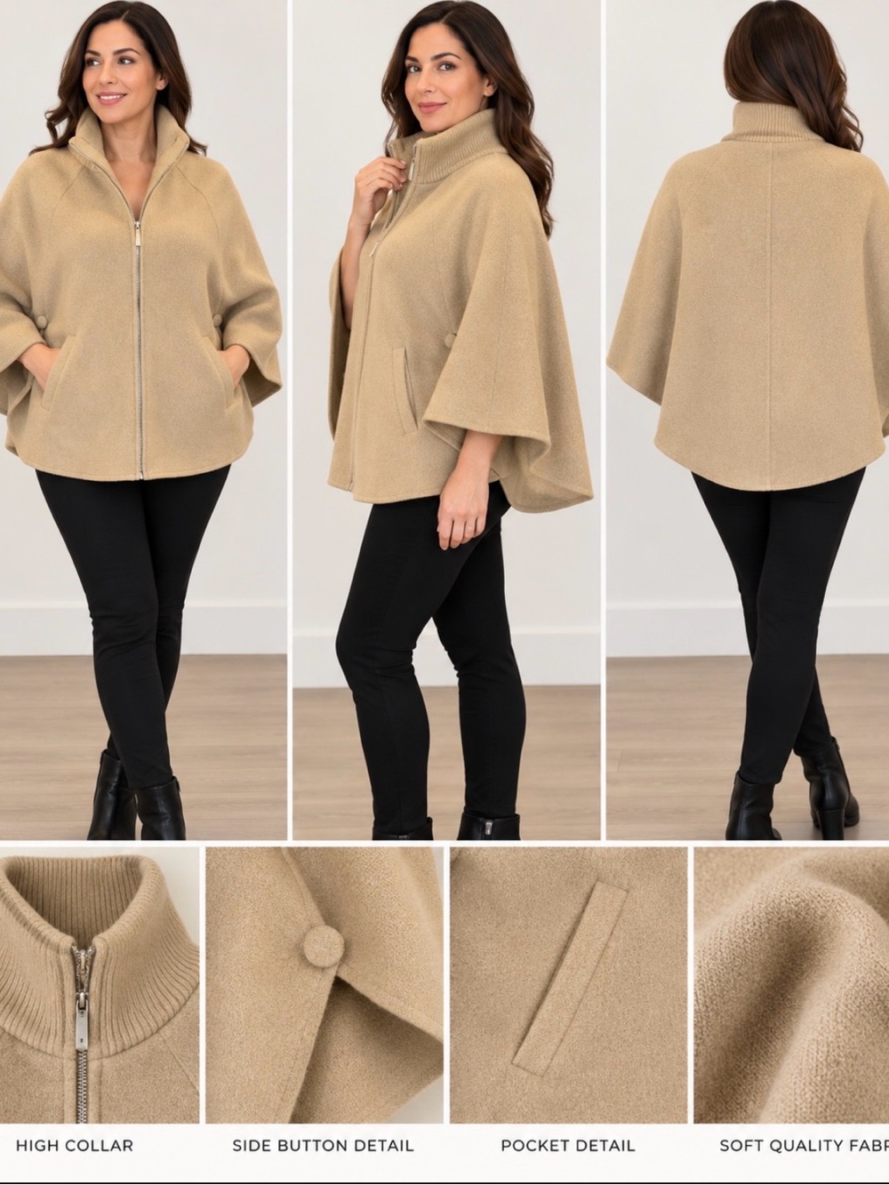 Cejon sweater poncho with long front zipper and pockets, size M